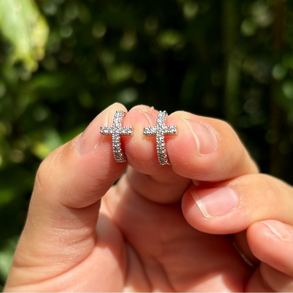 18K White Gold Plated Stainless Steel Small Diamond Cross Hoop Earrings